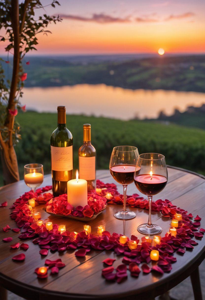 A cozy, candle-lit table set for two, adorned with rose petals and soft, glowing fairy lights. In the background, a romantic sunset casts warm colors across a gentle landscape. A wine bottle and two glasses are elegantly placed on the table, inviting intimacy. The atmosphere evokes warmth, anticipation, and connection. super-realistic. vibrant colors. soft focus.