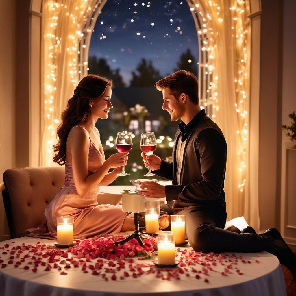 A beautifully set romantic dinner table under the twinkling stars, adorned with flickering candlelight, elegant rose petals, and two wine glasses clinking in celebration. A subtle, soft glow emanates from fairy lights above, creating an intimate atmosphere that captures the essence of desire and connection. Include silhouettes of a couple, embodying affection and sensuality in their posture. watercolor painting. warm colors. dreamy ambiance.
