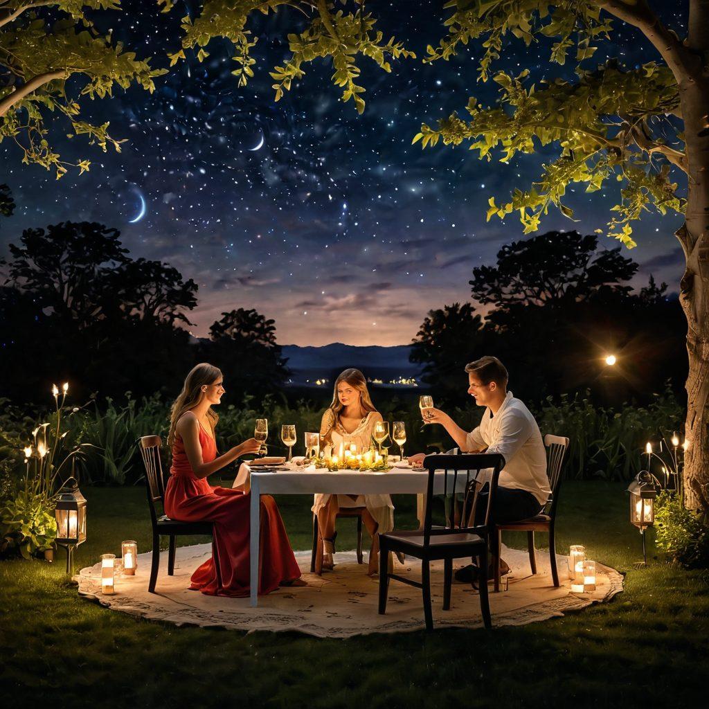 A romantic setting featuring a beautifully arranged dinner table with flickering candles, surrounded by stars in a night sky, depicting two diverse couples enjoying playful interaction and laughter. Elements like soft music notes floating in the air and a serene background of a moonlit garden enhance the scene of affection and connection. This evocation of date nights aims to inspire warmth and intimacy. super-realistic. vibrant colors. dreamy atmosphere.